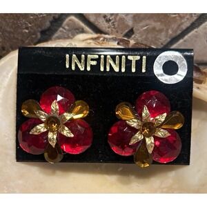 Infiniti Red Crystal Flower Clip-On Stud Earrings Gold Tone Metal ~Original Card